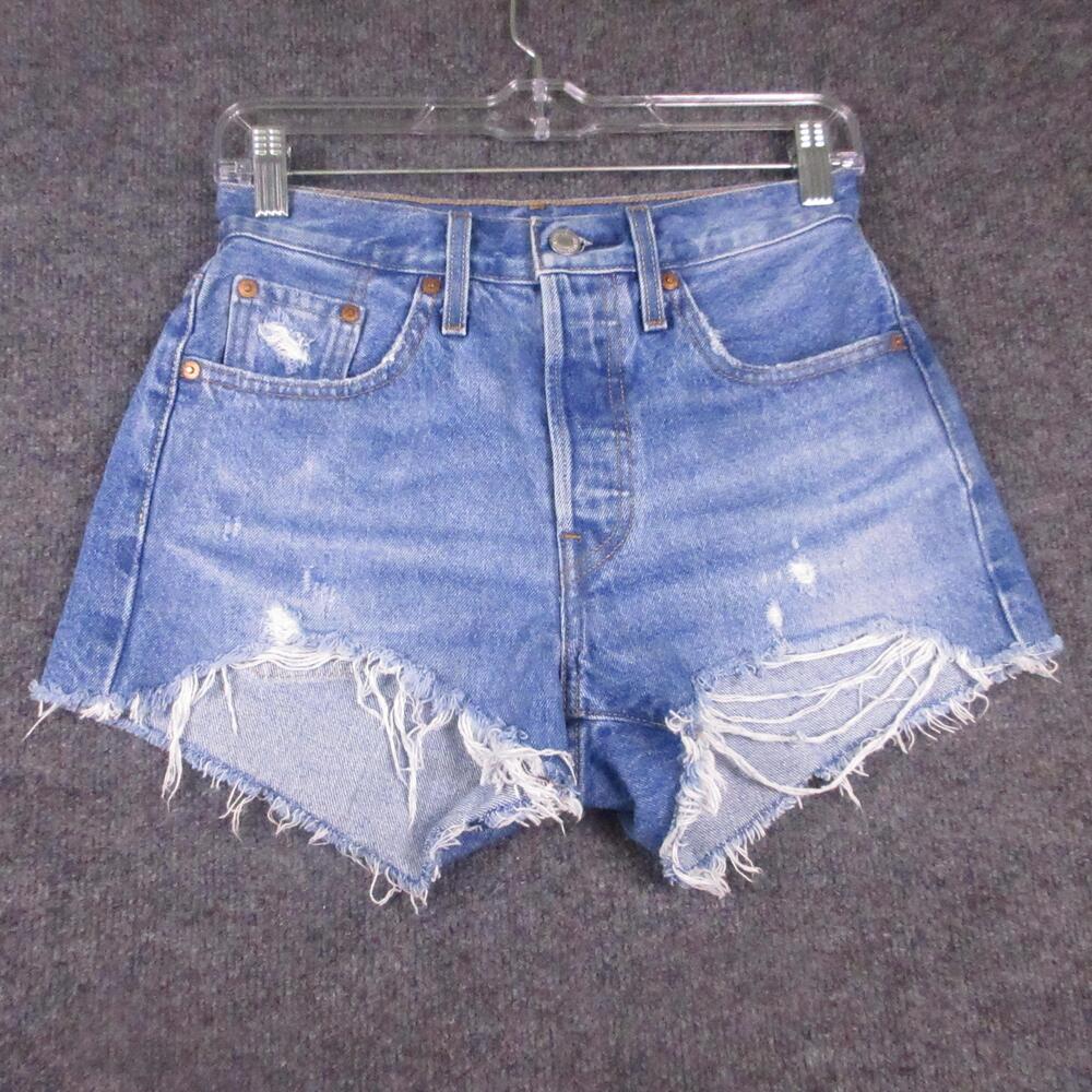 Levis 501 Shorts Womens W25 Blue Denim Distressed Cutoff Frayed Hem High Rise